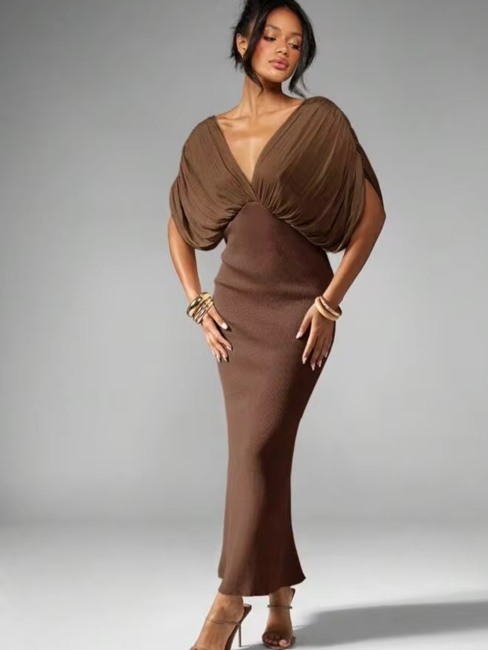 Missguided Brown Dolman V-Neck Maxi Gown Sz XS